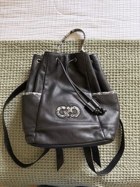 Cole Haan Black Leather Drawstring Backpack with Snakeskin Trim